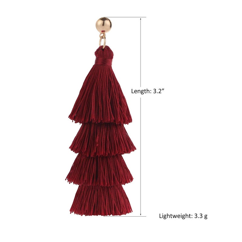 BaubleStar Fashion Maroon Tassel Dangle Earrings for Women Layered Long Bonita Tiered Wine Burgundy Red Thread Tassel Drop Statement Jewelry - Image 4